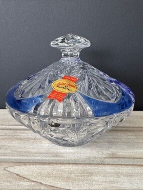 VTG Anna Hutte Germany Lead Crystal Covered Candy Dish - Clear & Cobalt Blue